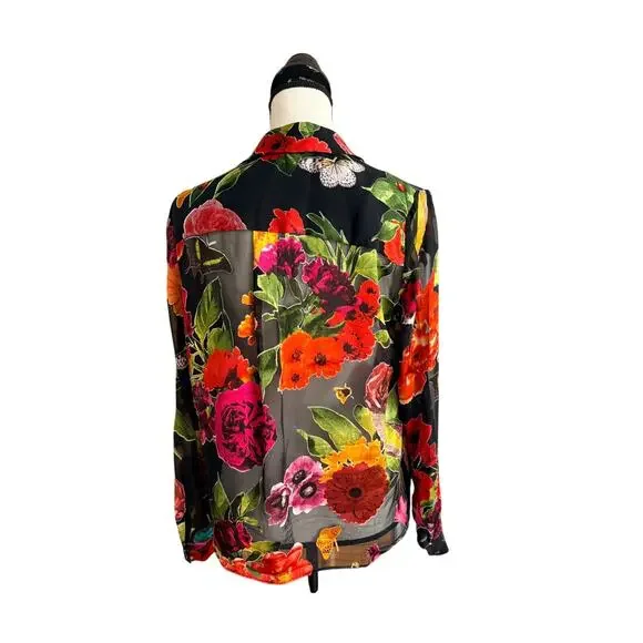 Alice + Olivia Women's Eloise Floral Silk Button Down Blouse Sheer L - Picture 3 of 8